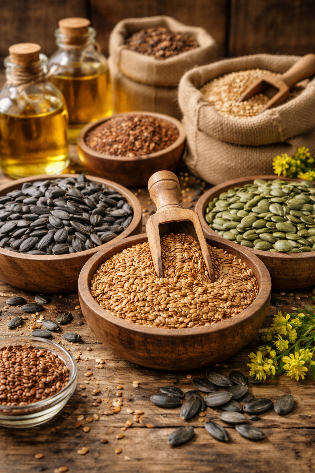 Домашний маслопресс и бутылки из тёмного стекла (иллюстрация)