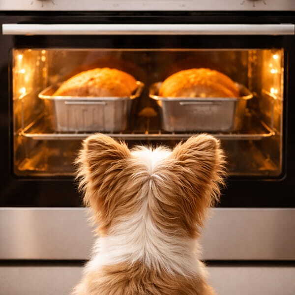 Маленькая собака сидит спиной к камере и смотрит на духовку, где в формах выпекается домашний хлеб.