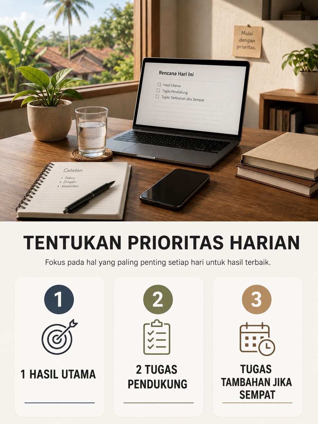 Catatan prioritas harian berisi satu hasil utama dan dua tugas pendukung