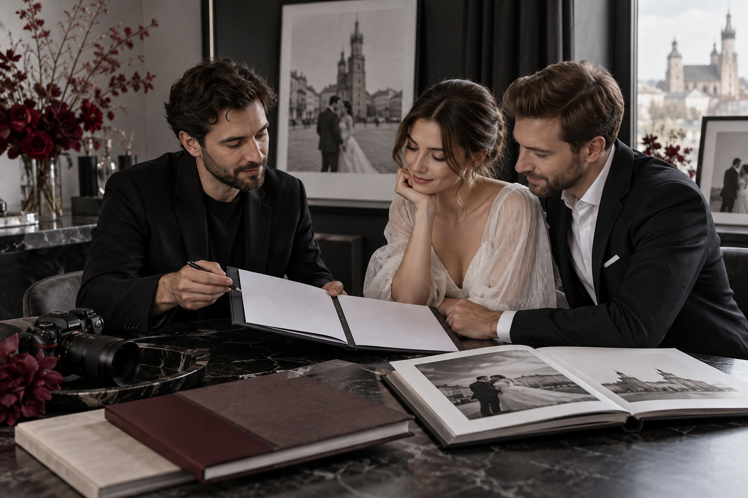 Wedding photographs, camera and contract: conceptual editorial illustration