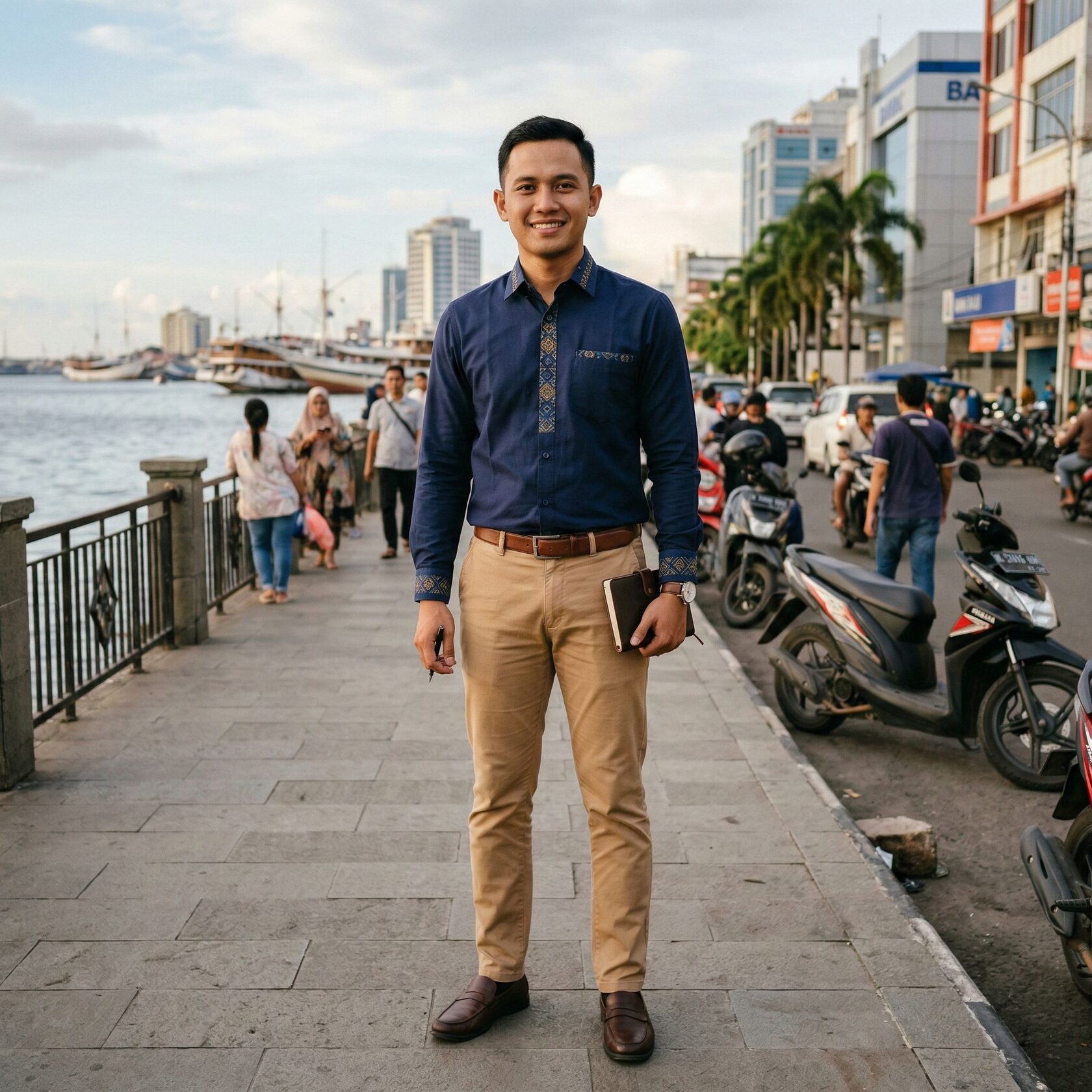 Pria muda Bugis berdiri di kawasan kota tepi laut, menggambarkan relevansi nilai budaya Bugis dalam kehidupan modern dan dunia urban.