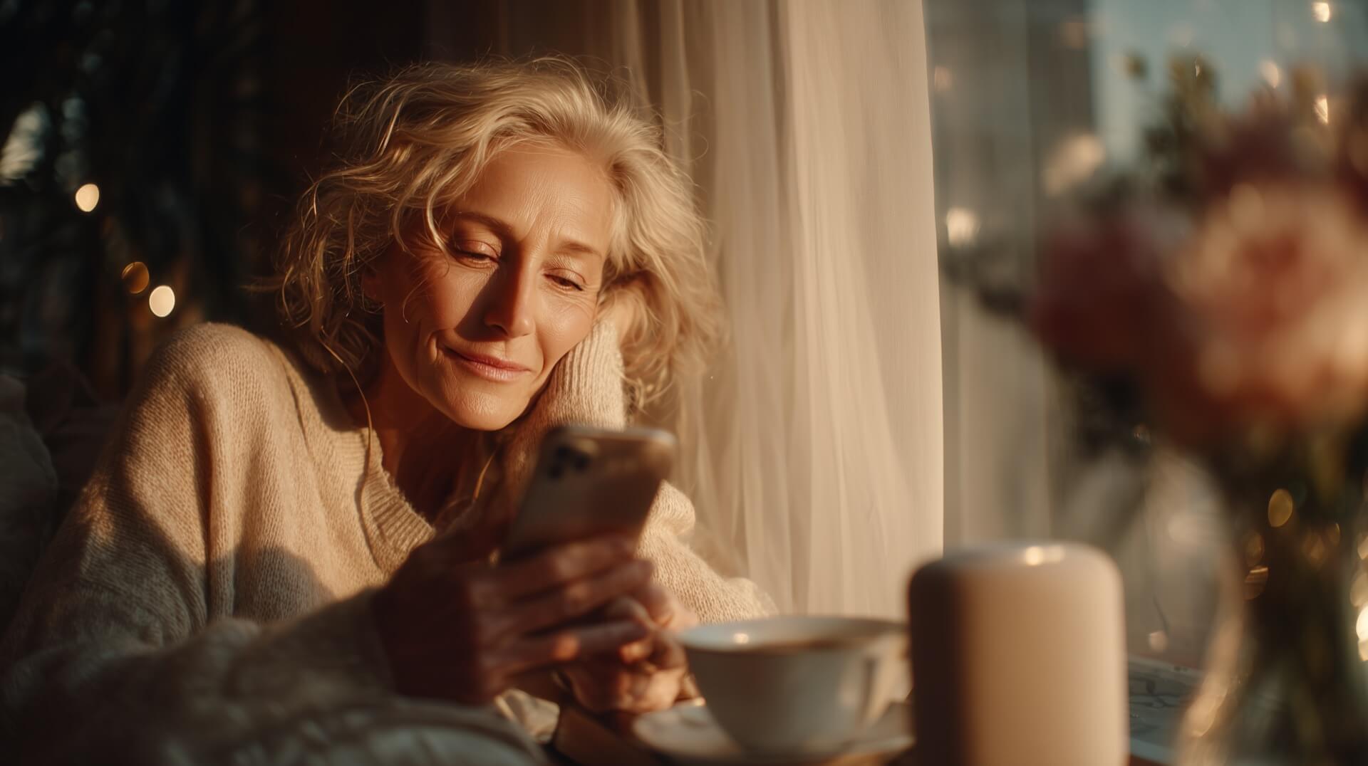 Дочь (Светлана) обнимает свою маму на юбилее, мама выглядит растроганной.