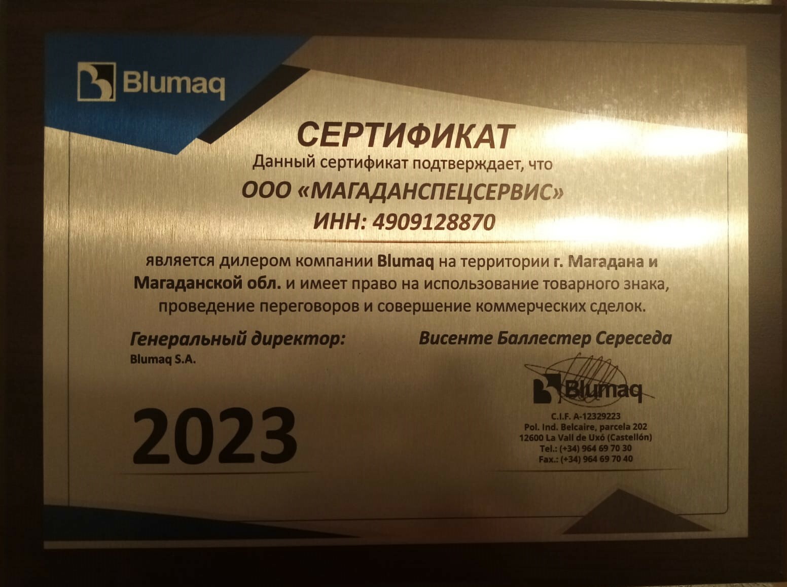 сертификат дилера Blumaq