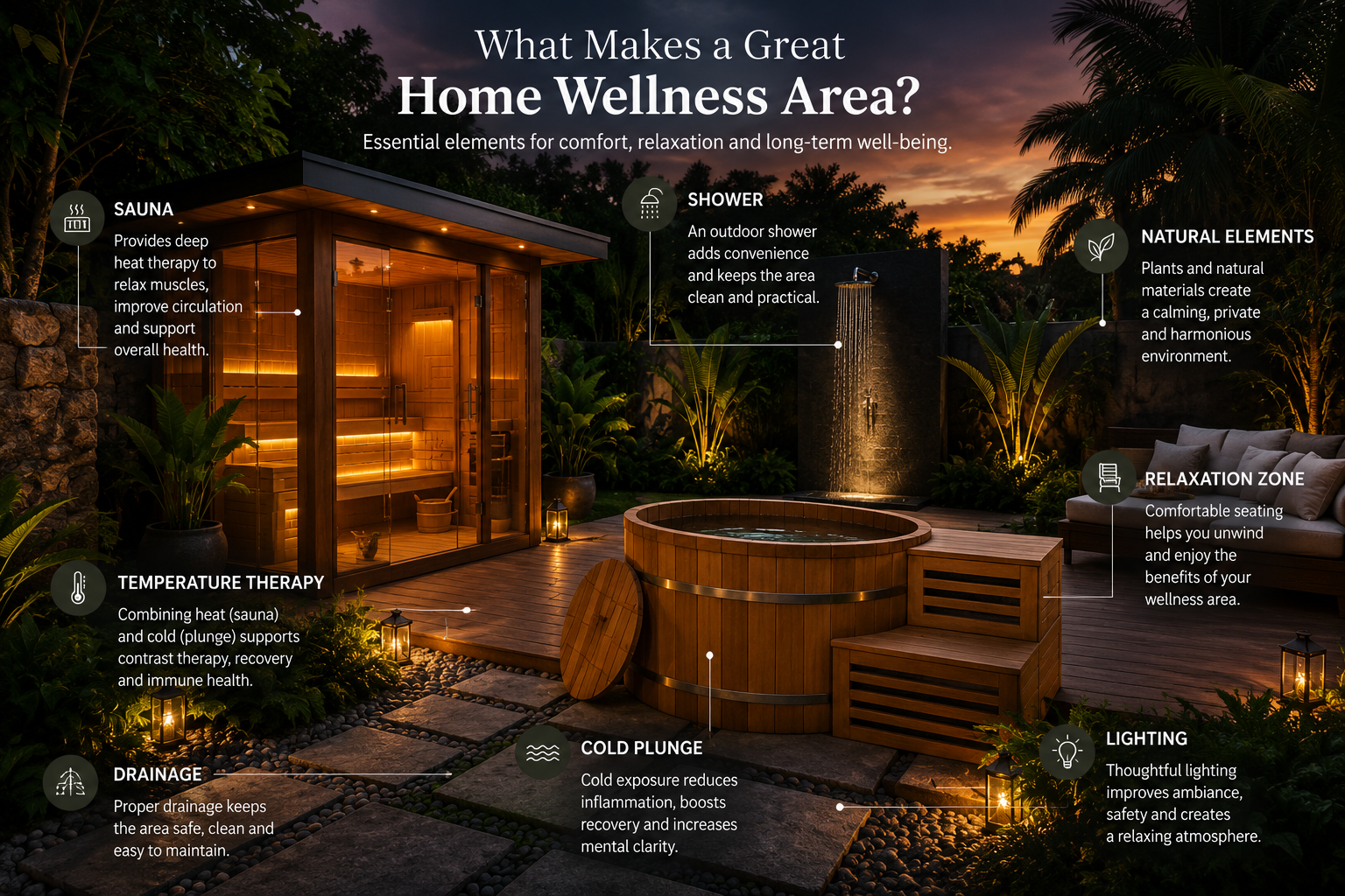 Cold plunge at home positioned beside an outdoor sauna in a private tropical wellness area. 