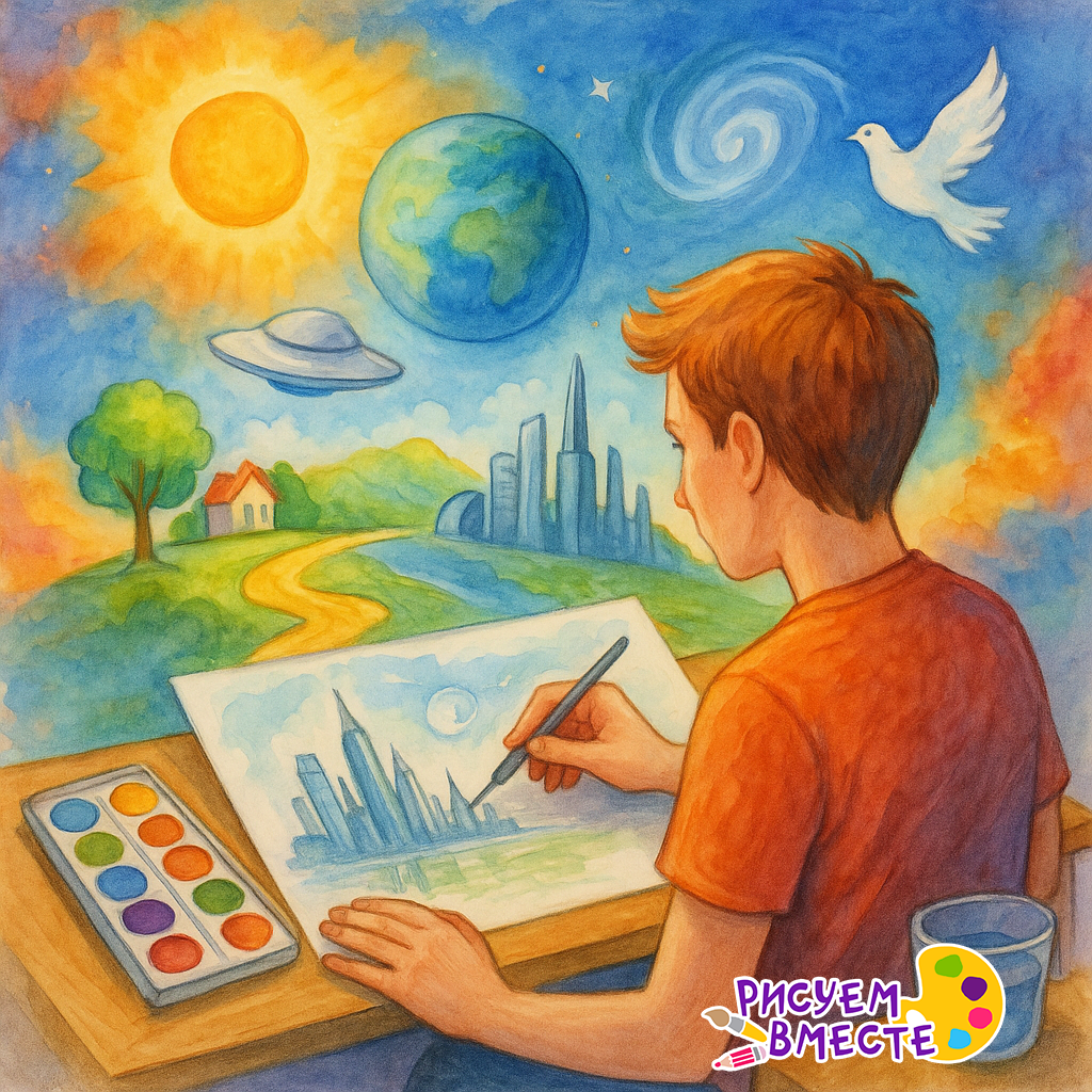 Акварельный рисунок мальчика, создающего воображаемый мир с городом, природой, планетой и голубем мира