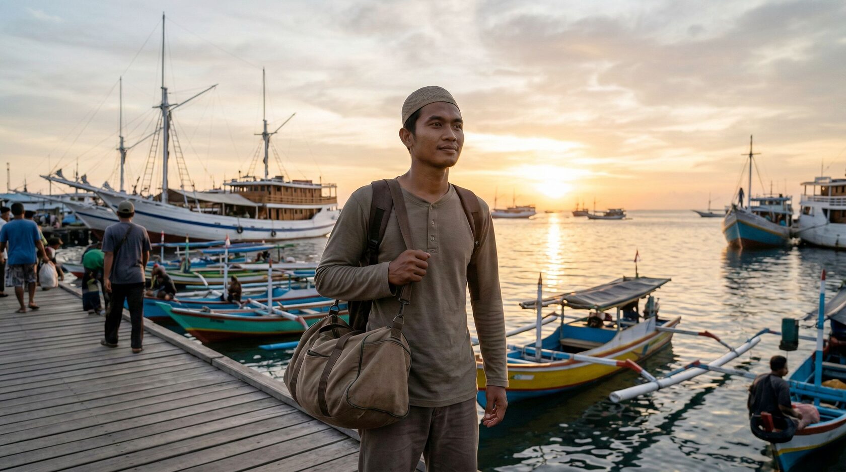Perantau Bugis di pelabuhan saat matahari terbenam, melambangkan massompek, keberanian merantau, dan usaha membangun hidup baru