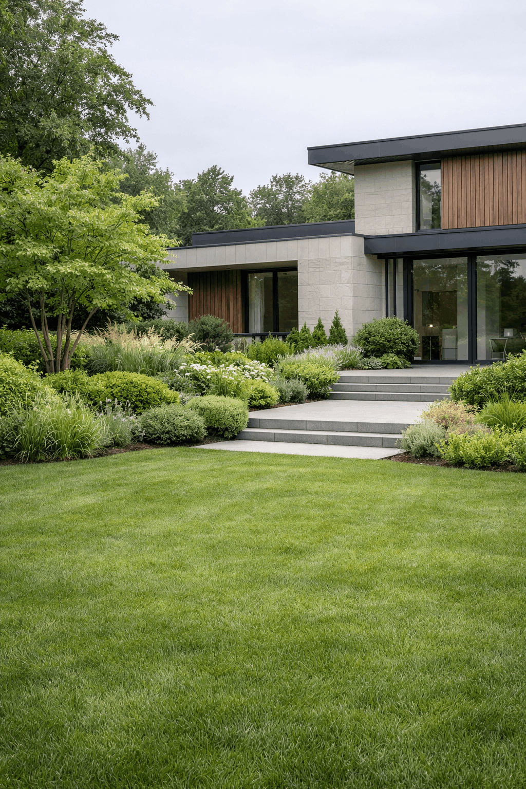 Современный сад с домом в фоне