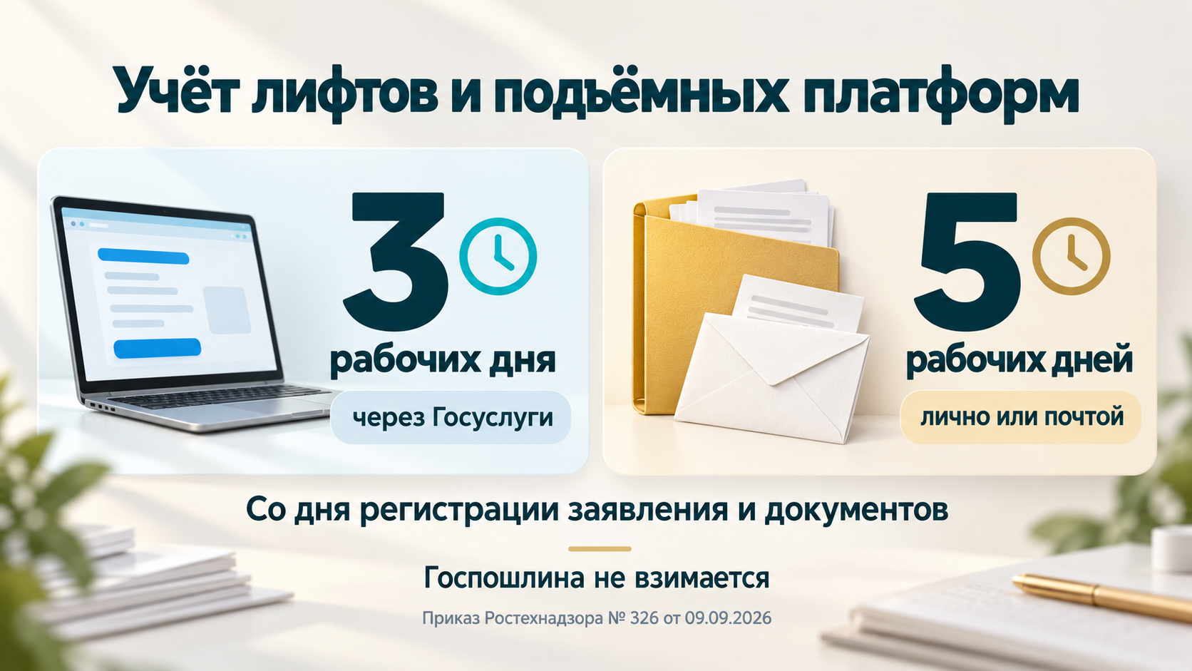 Учёт лифтов и платформ: до 3 рабочих дней через Госуслуги, до 5 лично или почтой; срок со дня регистрации заявления и документов