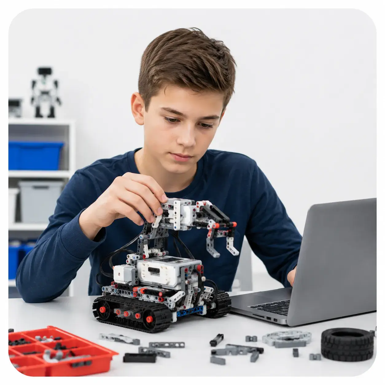 Подросток 10–14 лет работает над сложным инженерным роботом