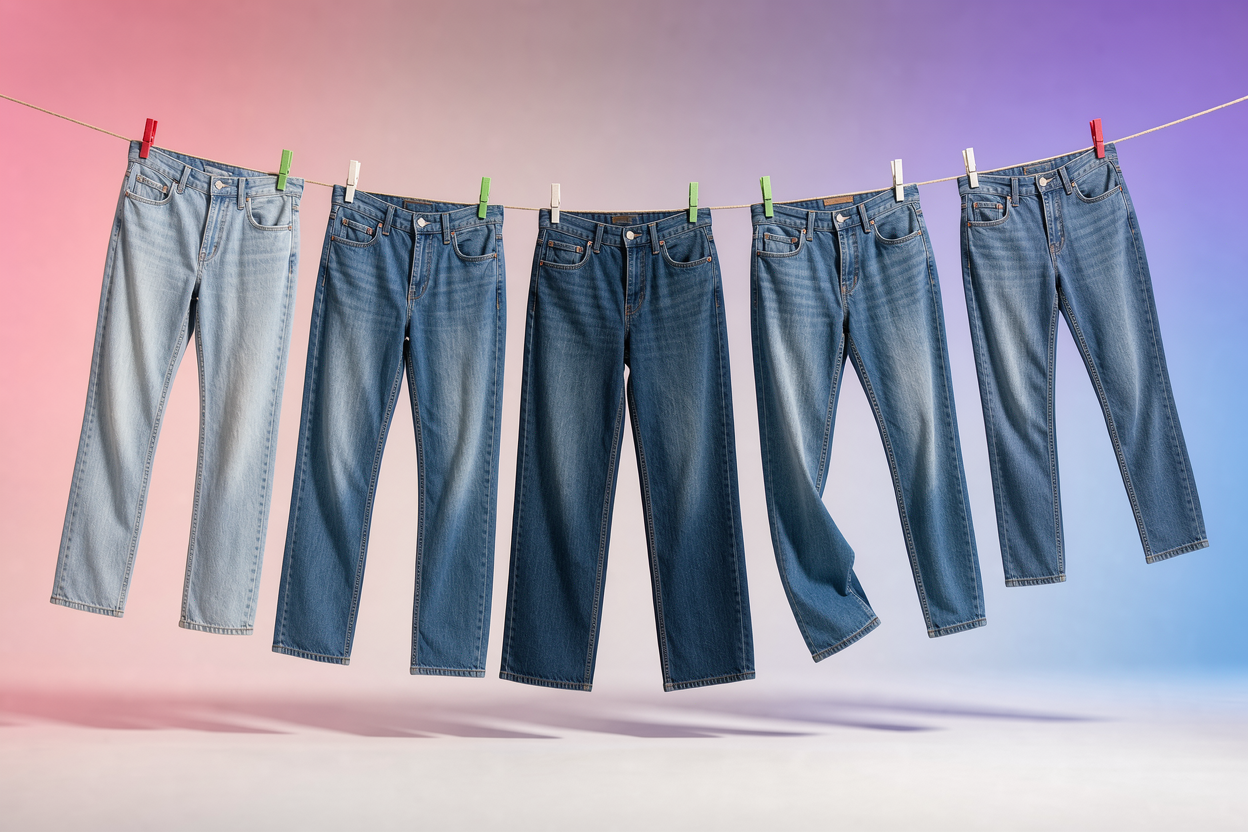A line of jeans hanging to air-dry on a clothesline in shade, clipped by the waistband, with steam or gentle breeze suggested, no brand labels visible