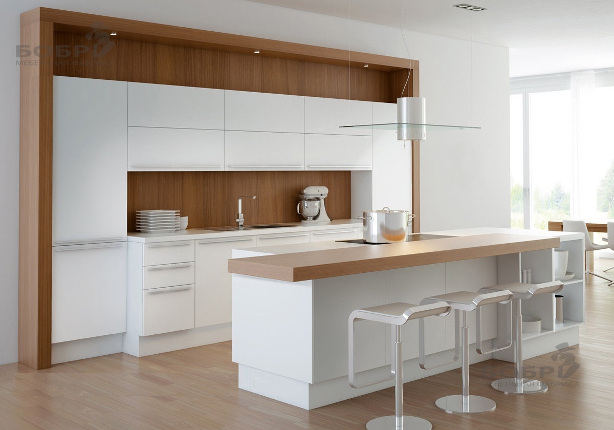 Белая глянцевая кухня с элементами дерева