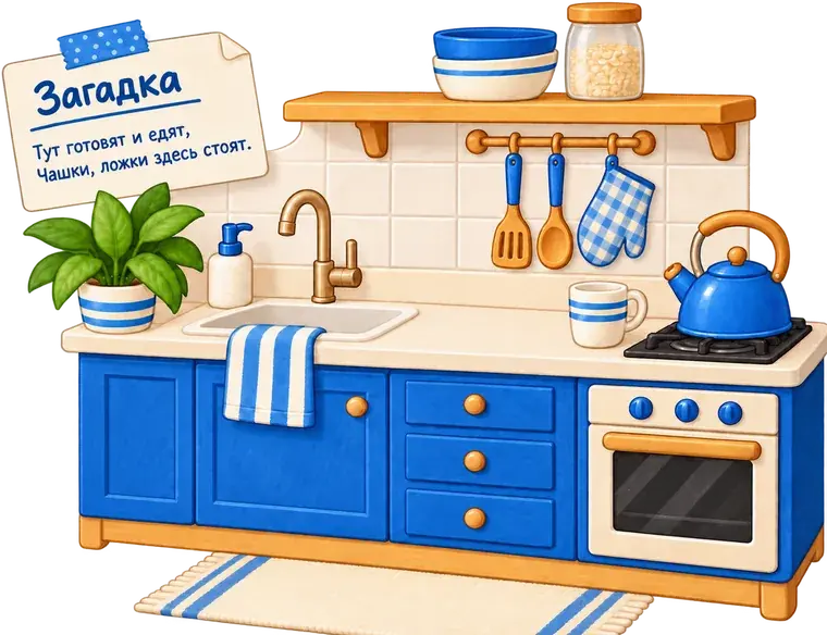 Кухня с плитой, чайником и запиской-загадкой для домашнего квеста