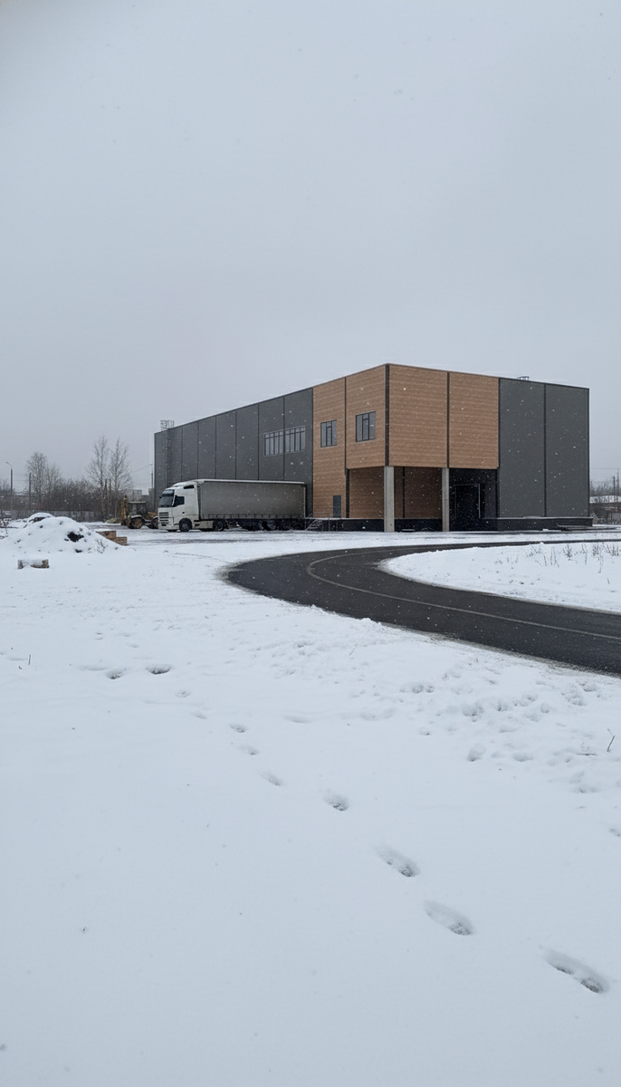 Современное складское здание 1 450 м² зимой