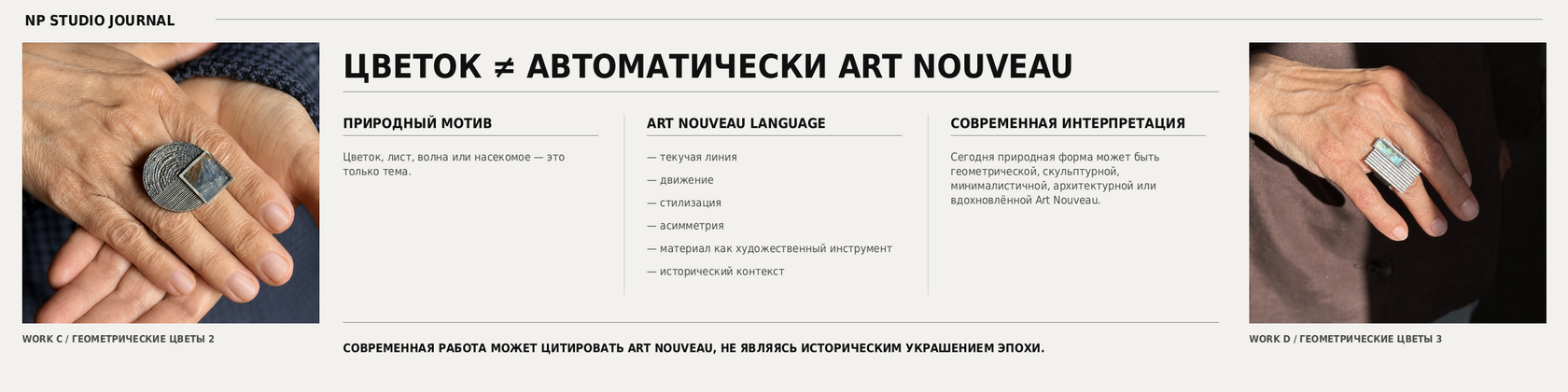 Инфографика NP Studio о различии между природным мотивом, визуальным языком Art Nouveau и современной интерпретацией органических форм.