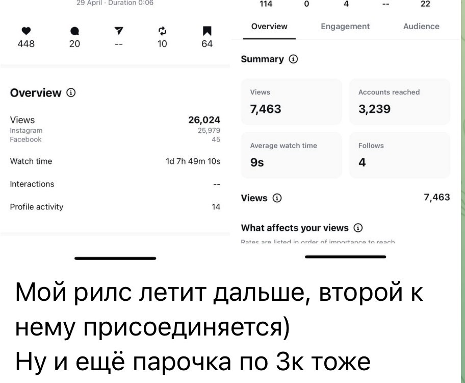 Статистика Reels: 26 024 просмотра, охват 3 239 аккаунтов