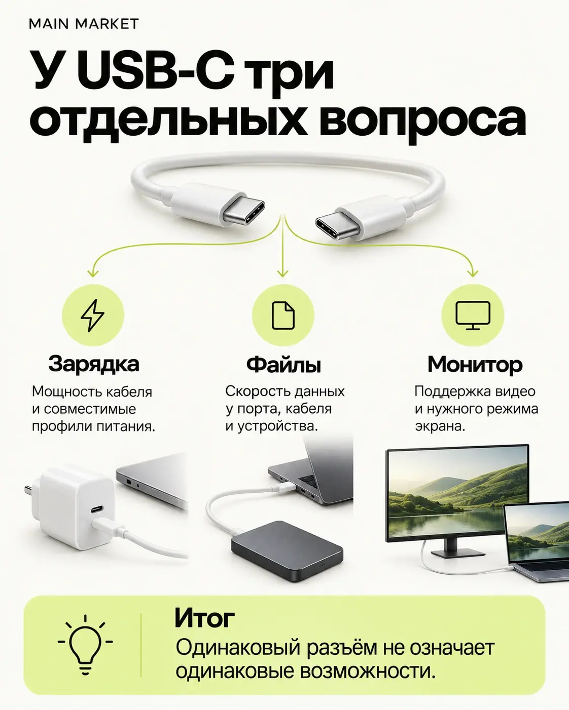 Мощность зарядки, передача данных и видео — разные характеристики USB-C