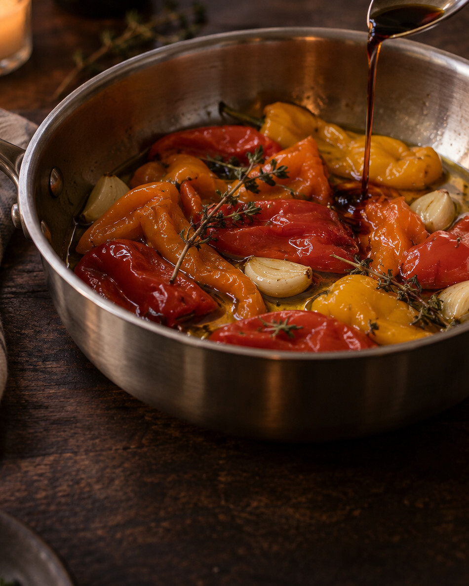 Sherry vinegar being added to collapsed confit peppers in a saucepan off the heat
