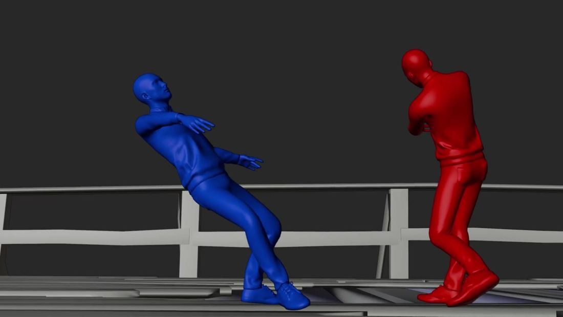 Превиз в Blender: синяя и красная болванки на сером мосту