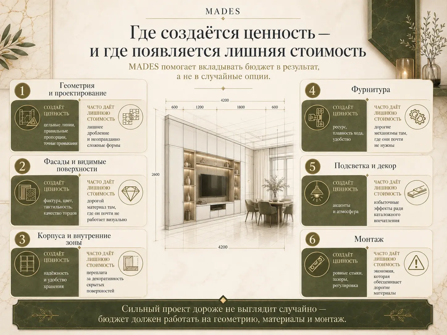 Ценность и лишняя стоимость в мебельном проекте Где создаётся ценность и где появляется лишняя стоимость мебели — инфографика MADES