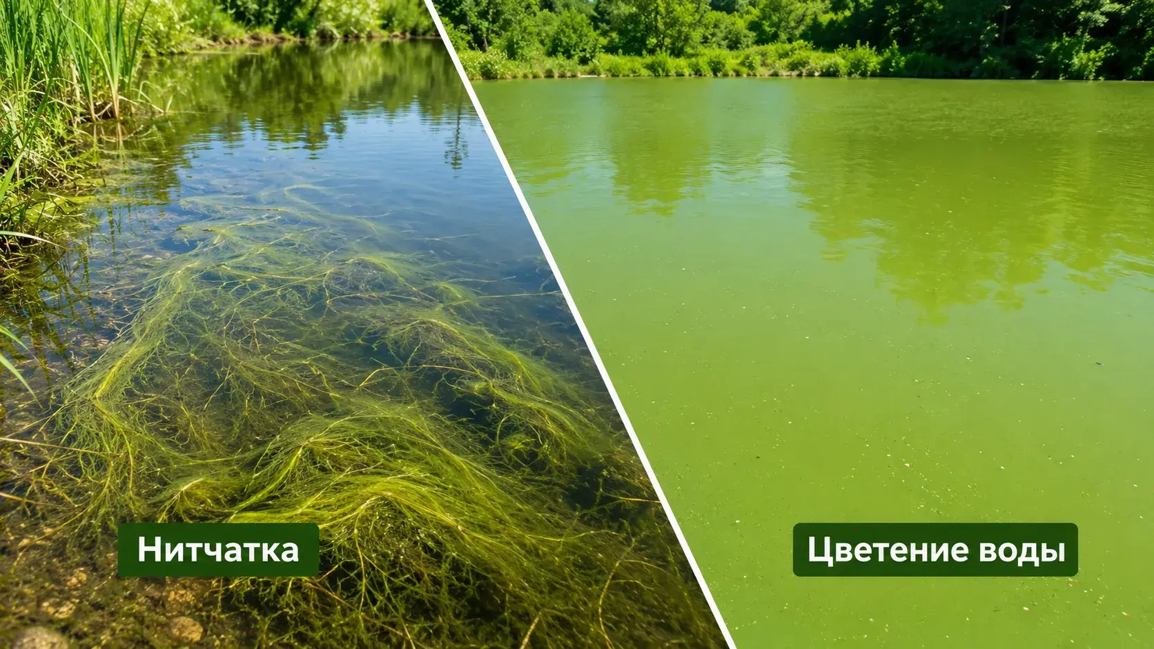 Нитчатые водоросли в прозрачной воде и зелёное цветение воды — наглядное сравнение
