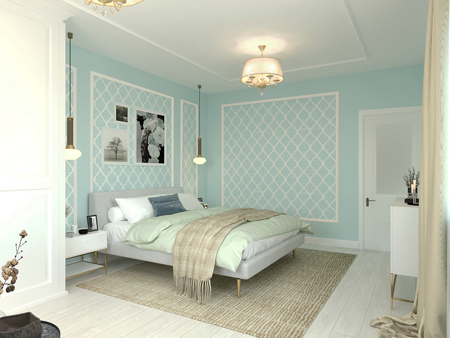 голубая спальня с молдингами и обоями в стиле неоклассика