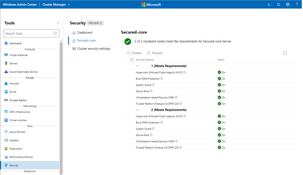 Figure 2. Secured-core server cluster management in Windows Admin Center.