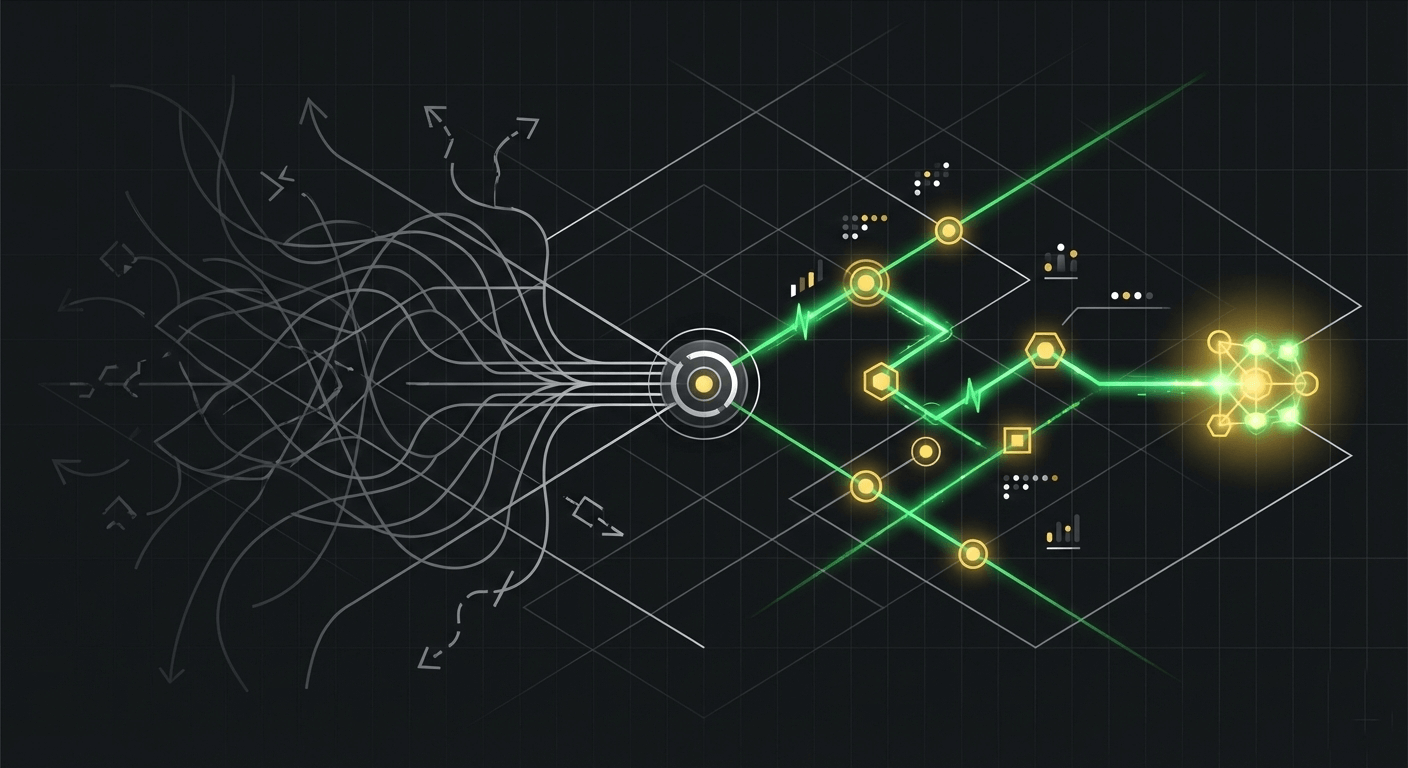 Isometric technical diagram: clean green path versus chaotic gray lines, on a dark background with geometric nodes.