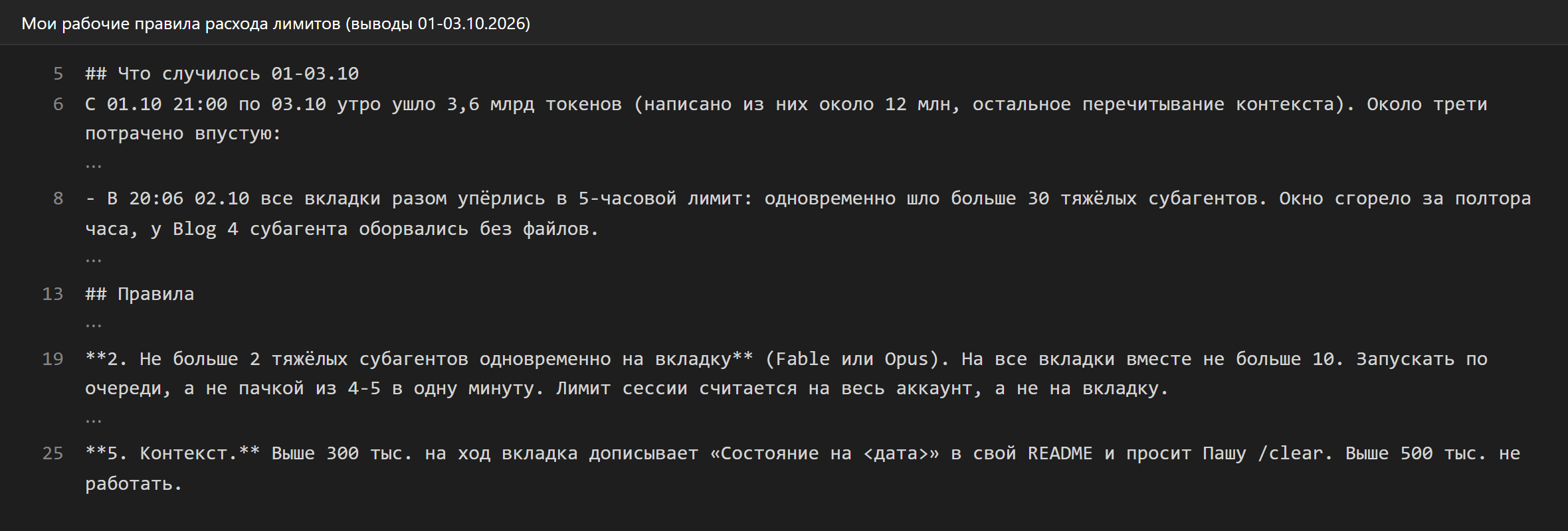 Скрин моих рабочих правил расхода лимитов: 3,6 млрд токенов за 1-3 октября, сбой 2 октября в 20:06