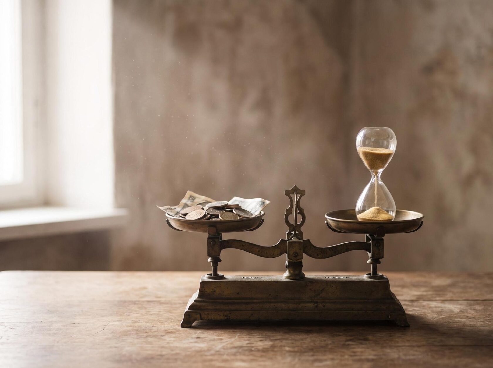 An illustrative scale weighing a stack of coins against an hourglass, symbolizing the cost vs. time-to-hire tradeoff