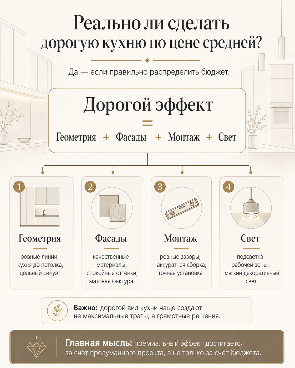 Инфографика: дорогой эффект кухни складывается из геометрии, фасадов, монтажа и света
