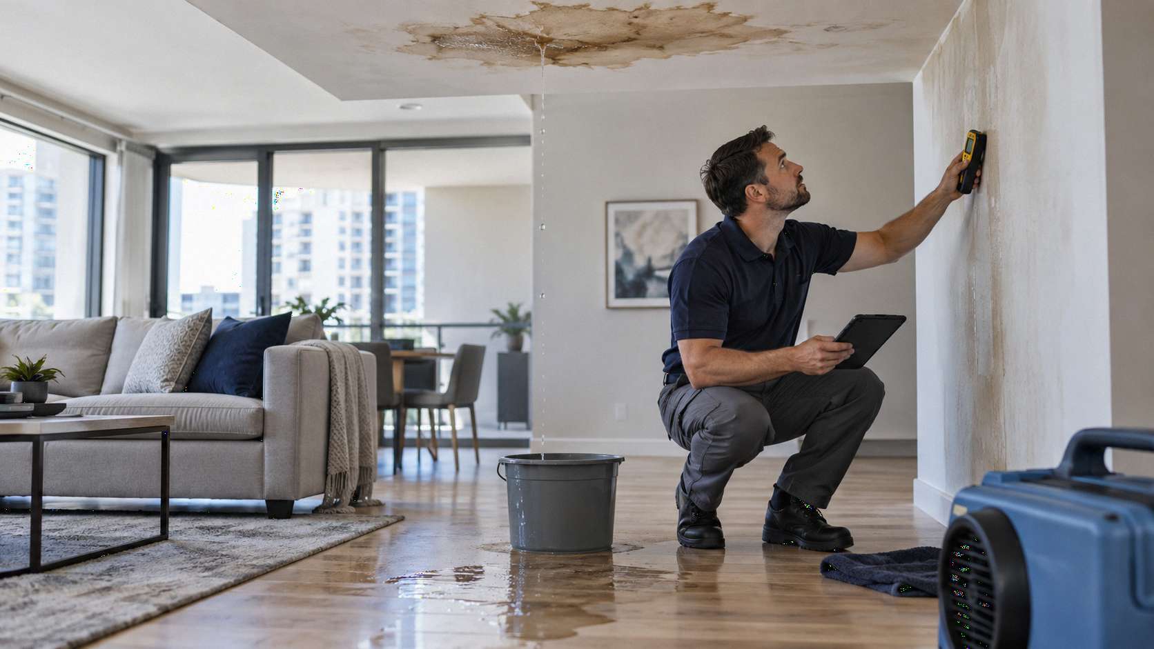 Condo water damage restoration after an upstairs leak with ceiling water stains, active dripping, moisture inspection, and drying equipment