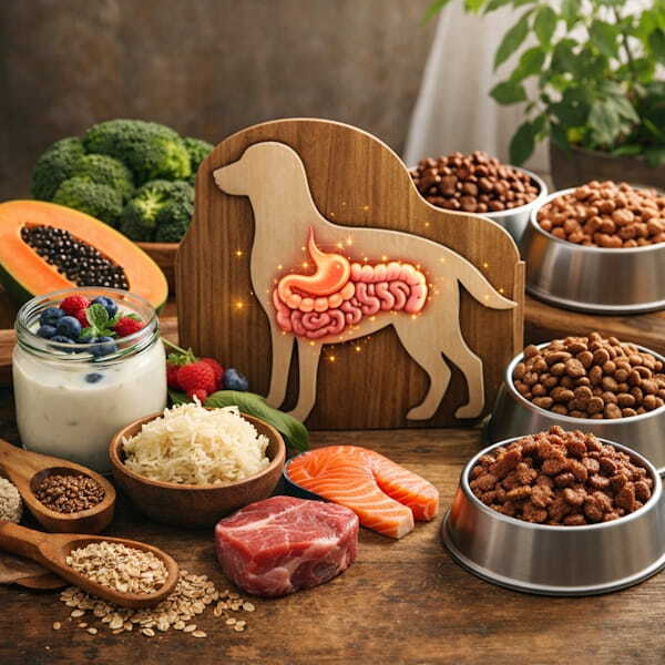 Собака с подсвеченной пищеварительной системой на фоне сравнения натуральных продуктов (мясо, рыба, овощи, крупы) слева и мисок с сухим и влажным кормом справа — концепция выбора рациона для питомца.
