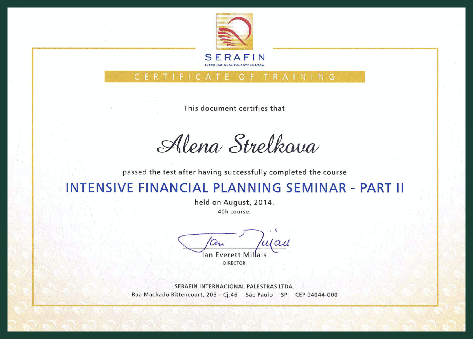 Certificate Alena Planning Финансовое планирование SERAFIN