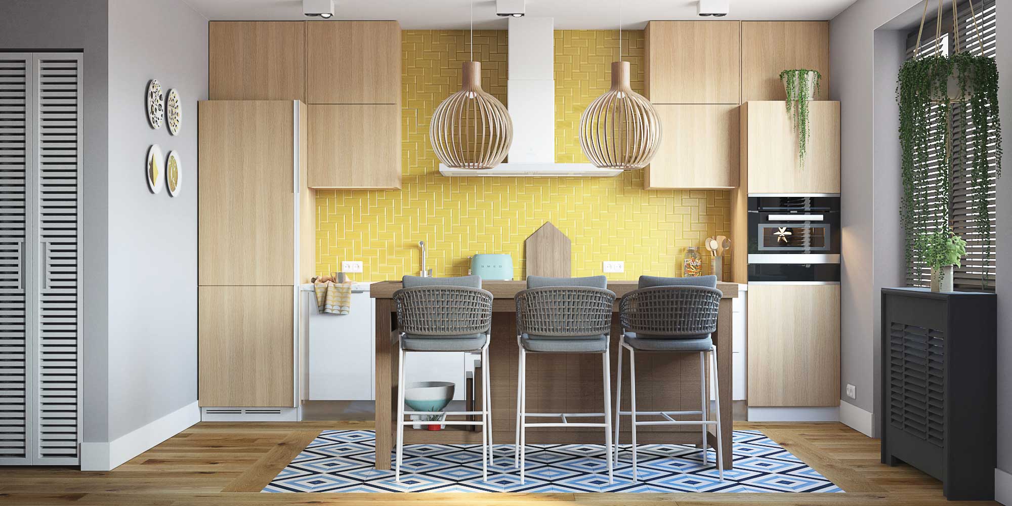Современная кухня средиземноморской плиткой. Полубарными стульями с плетеными спинками. Кухонный остров
