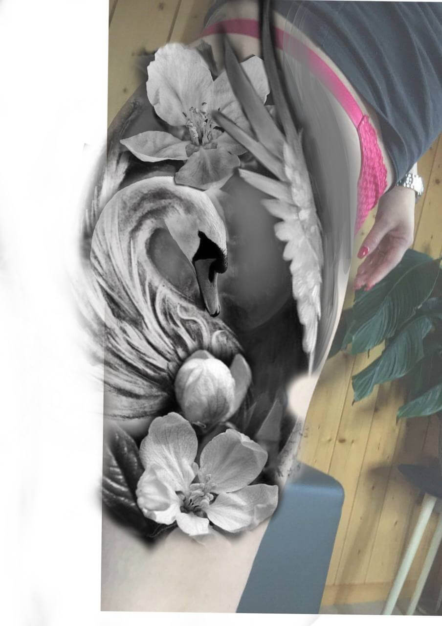 Black and grey realism swan tattoo sketch and project for a woman's thigh, featuring a graceful swan surrounded by soft apple blossoms and delicate white feathers. Los Angeles.