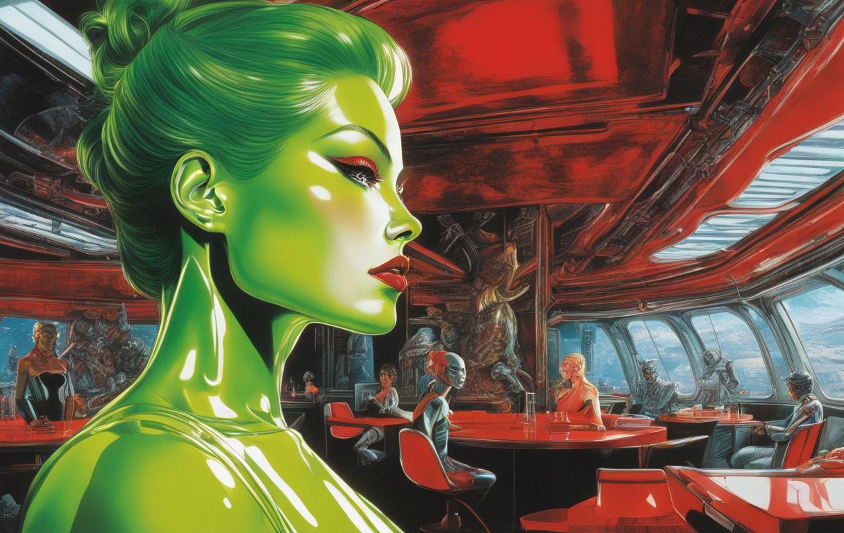 by Hajime Sorayama Goseki Kojima and osamu Tezuka, (female, extremely muscular Alma Jodorowsky, in your face attitude, dominance, )), looking for trouble in a retrofuturistic 23rd century high-end lounge, (doutone: Ginshu red :chartreuse green), upper body, , --neg deformed limbs, extra limbs, deformed fingers, extra fingers, fused fingers, disproportional objects --cfg 7.5 --ar 8:5 --power 0.3 --model sdxl, 
