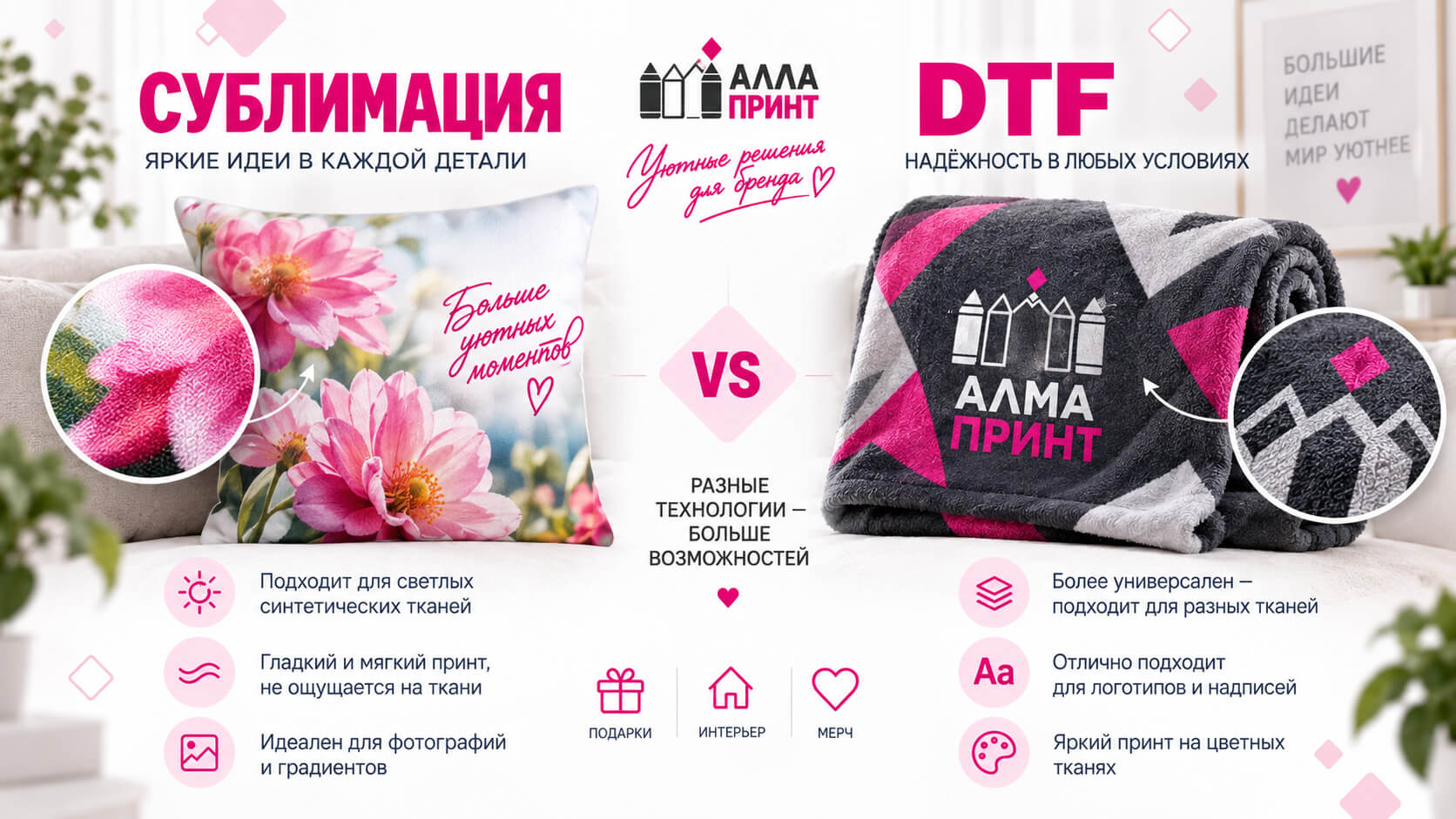 Сублимация и DTF для печати на подушках