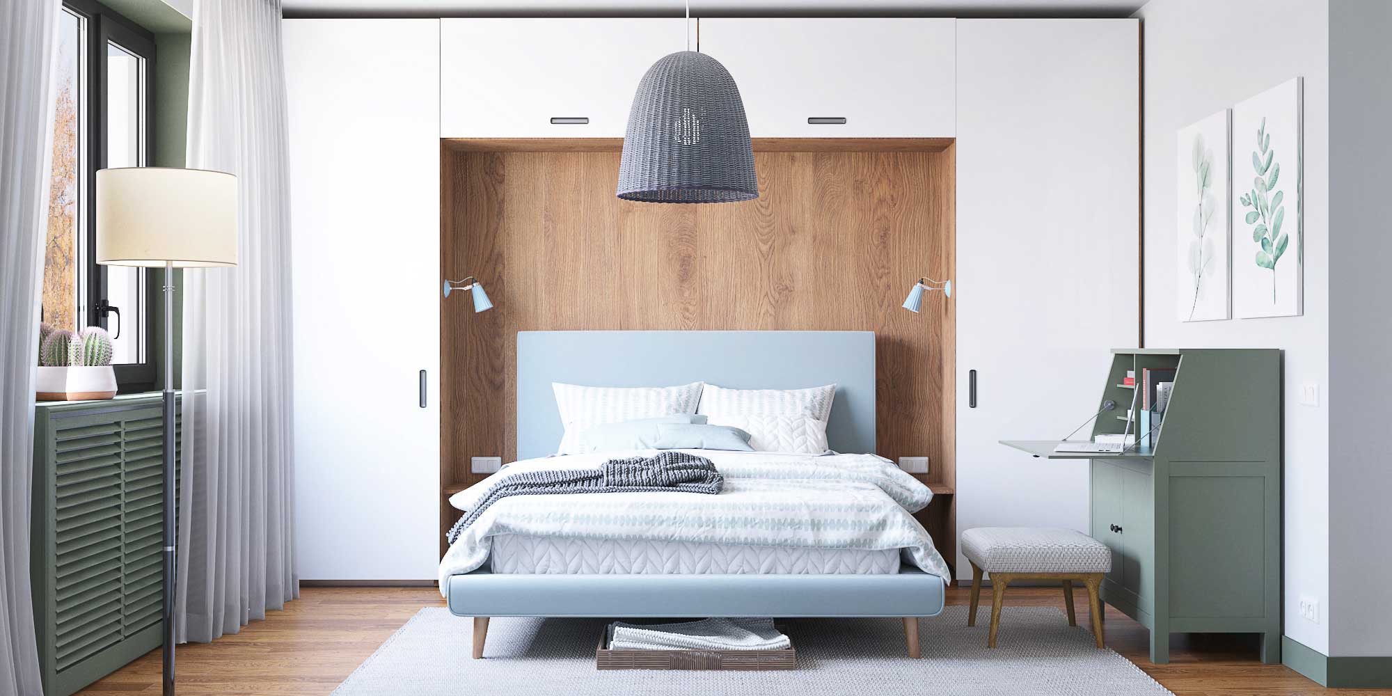 Скандинавская спальня в бело-голубой гамме, кровать на ножках, секретер. Шкафы с белыми глянцевыми фасадами. Плетенный абажур темно-серого цвета. 