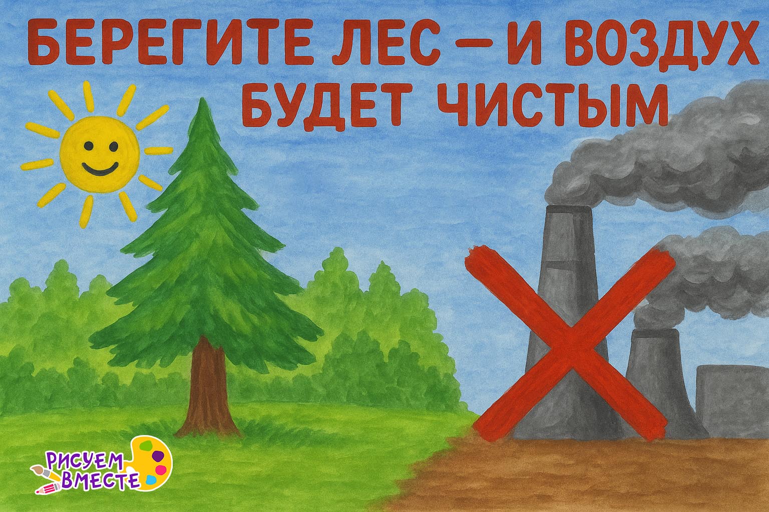 Детский рисунок красками «Берегите воздух» - Берегите лес