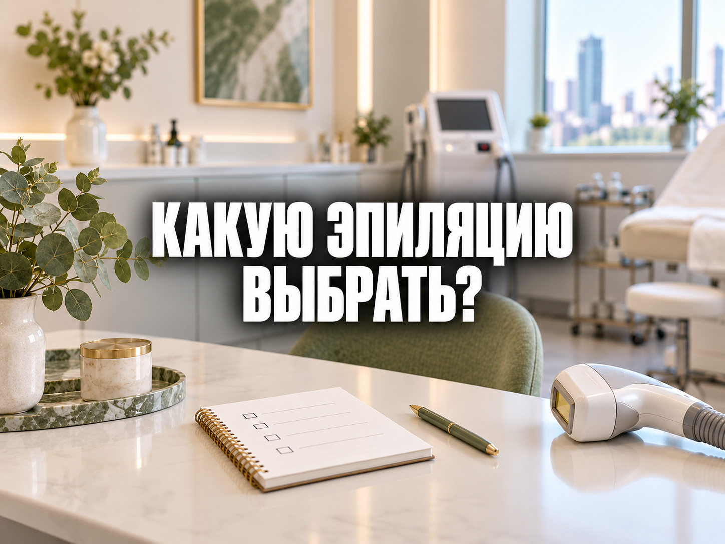 Вопрос «Какую эпиляцию выбрать?» на фоне кабинета косметологии и листа с критериями выбора; по центру фраза «КАКУЮ ЭПИЛЯЦИЮ ВЫБРАТЬ?»
