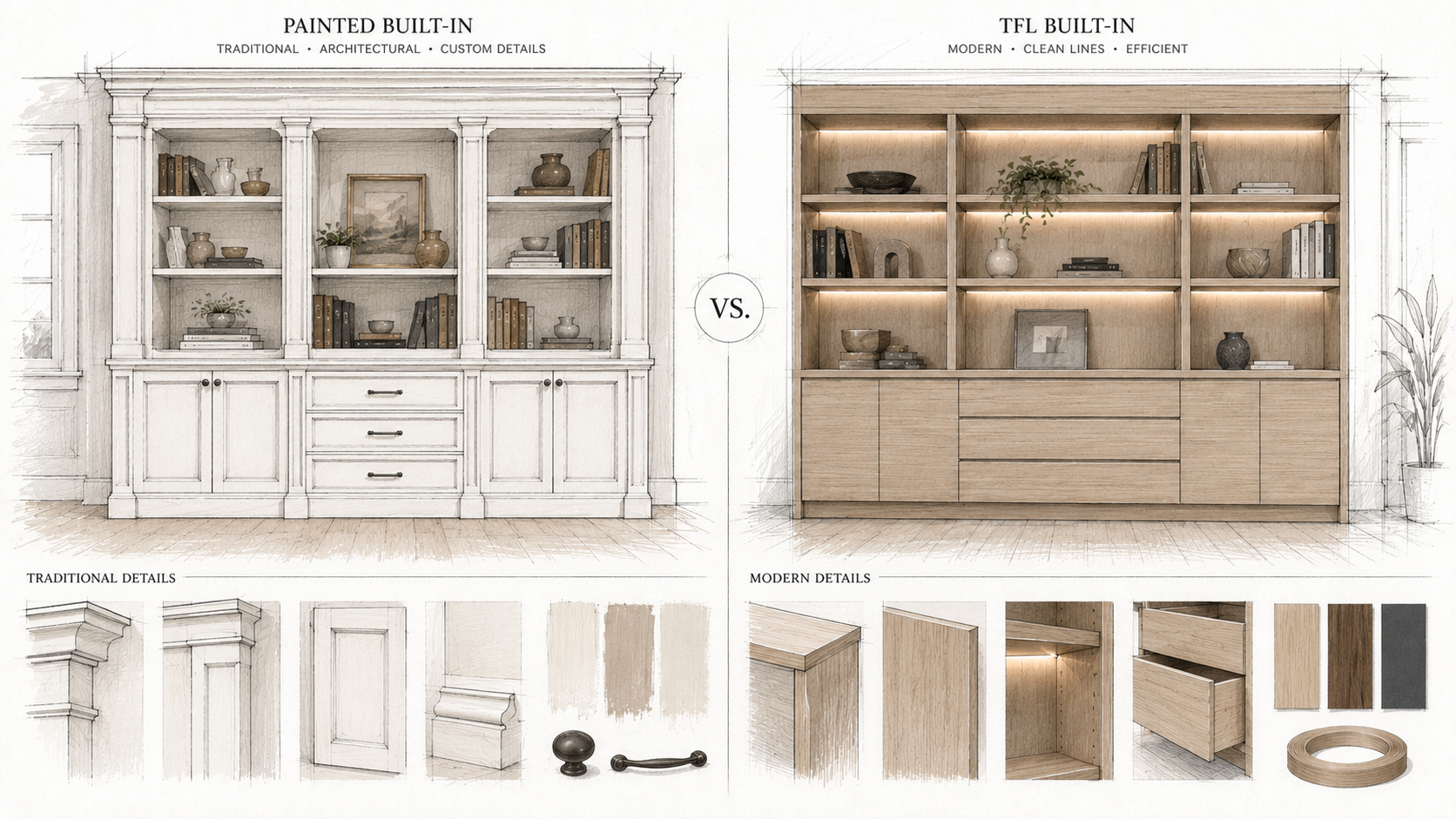 Side-by-side architectural sketch of a traditional painted built-in and a modern TFL wall unit with flat-panel cabinets and LED lighting