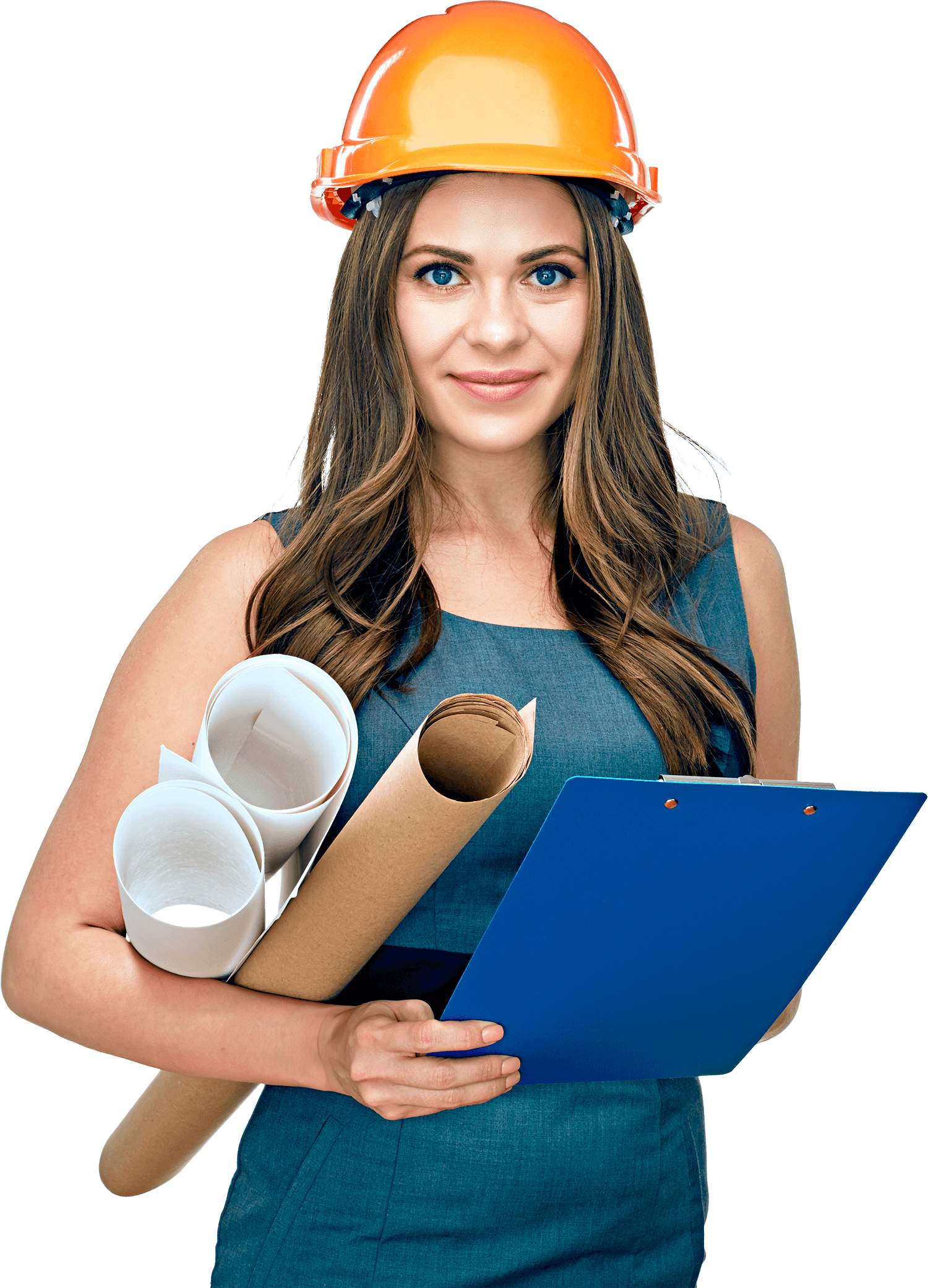 Девушка в каске с чертежами в руках