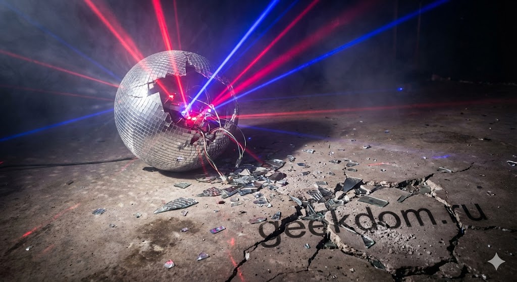Разбитый диско-шар на бетонном полу клуба в лучах лазеров