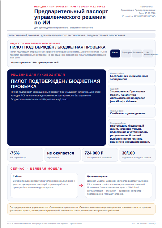 Первая страница персонального паспорта управленческого решения по ИИ