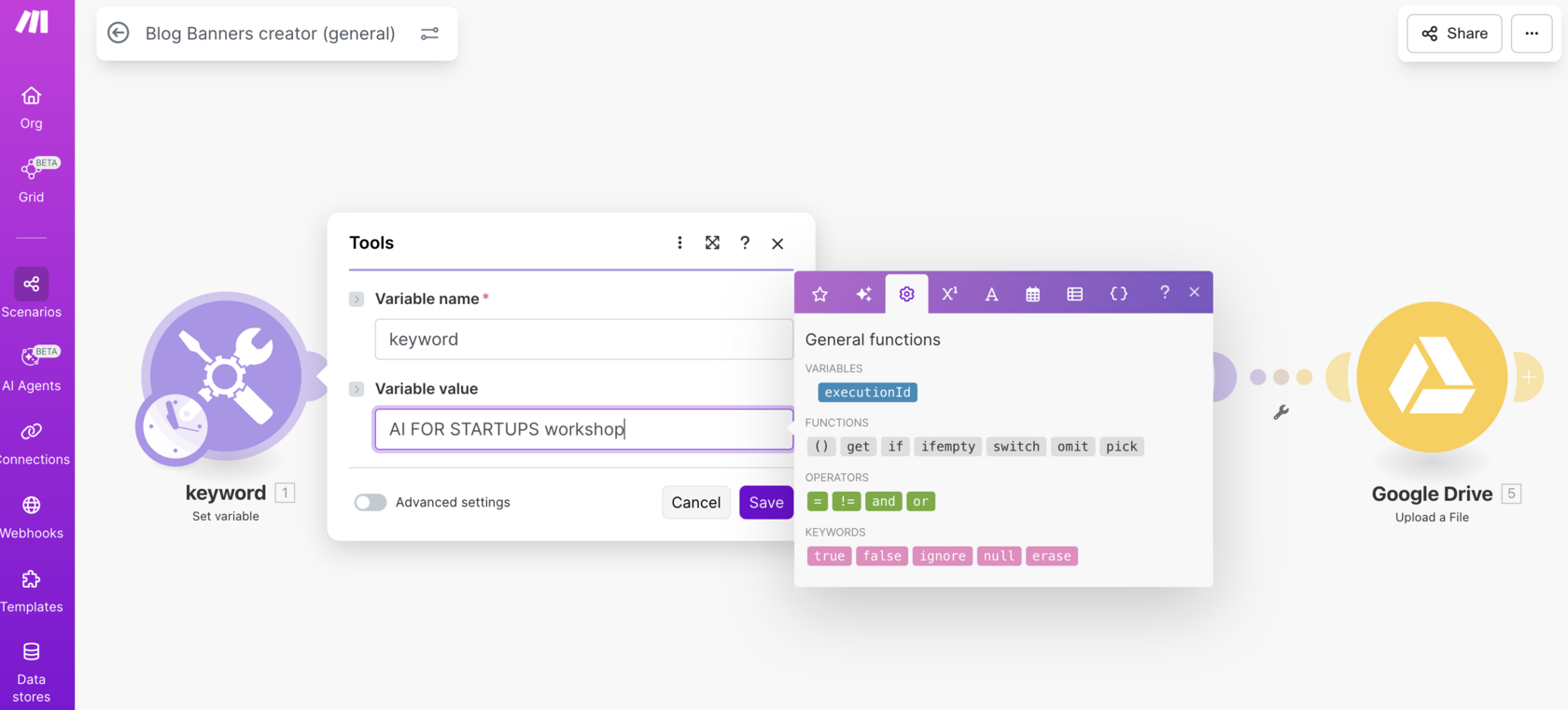 Blog banner creation in make.com with customizable text, brand colors and styles