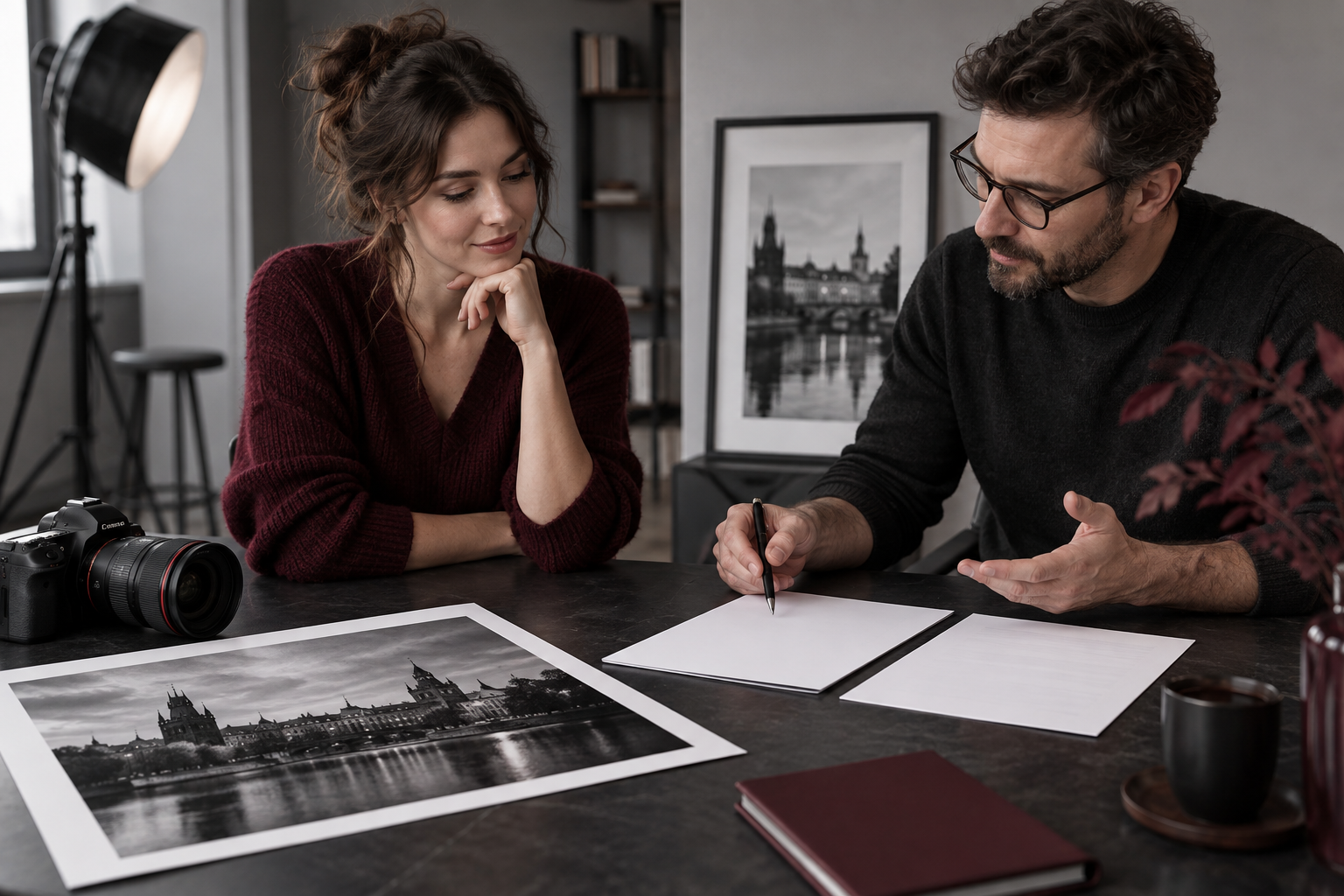 Camera, photography agreement and wedding prints: conceptual editorial illustration