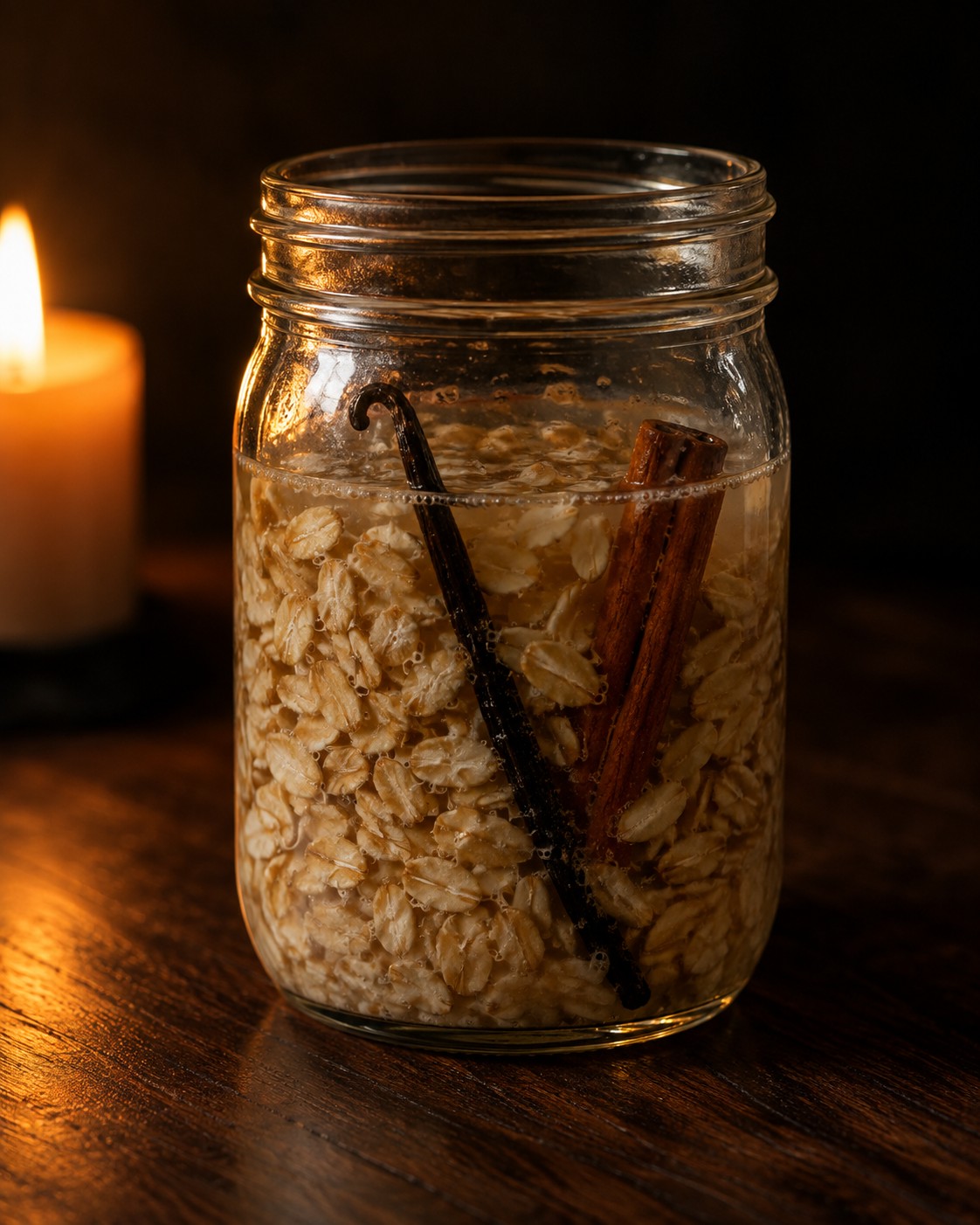 A jar of rolled oats soaking overnight in water with a vanilla bean and a cinnamon stick
