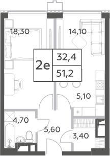 Студия — 32,4 / 51,2 м²