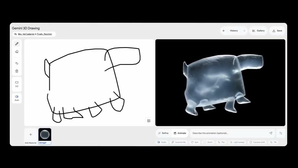Берём связку Gemini Drawing + Nano Banana + Veo 3 — и вуаля, простые каракули превращаются в 3D-сцену с анимацией.