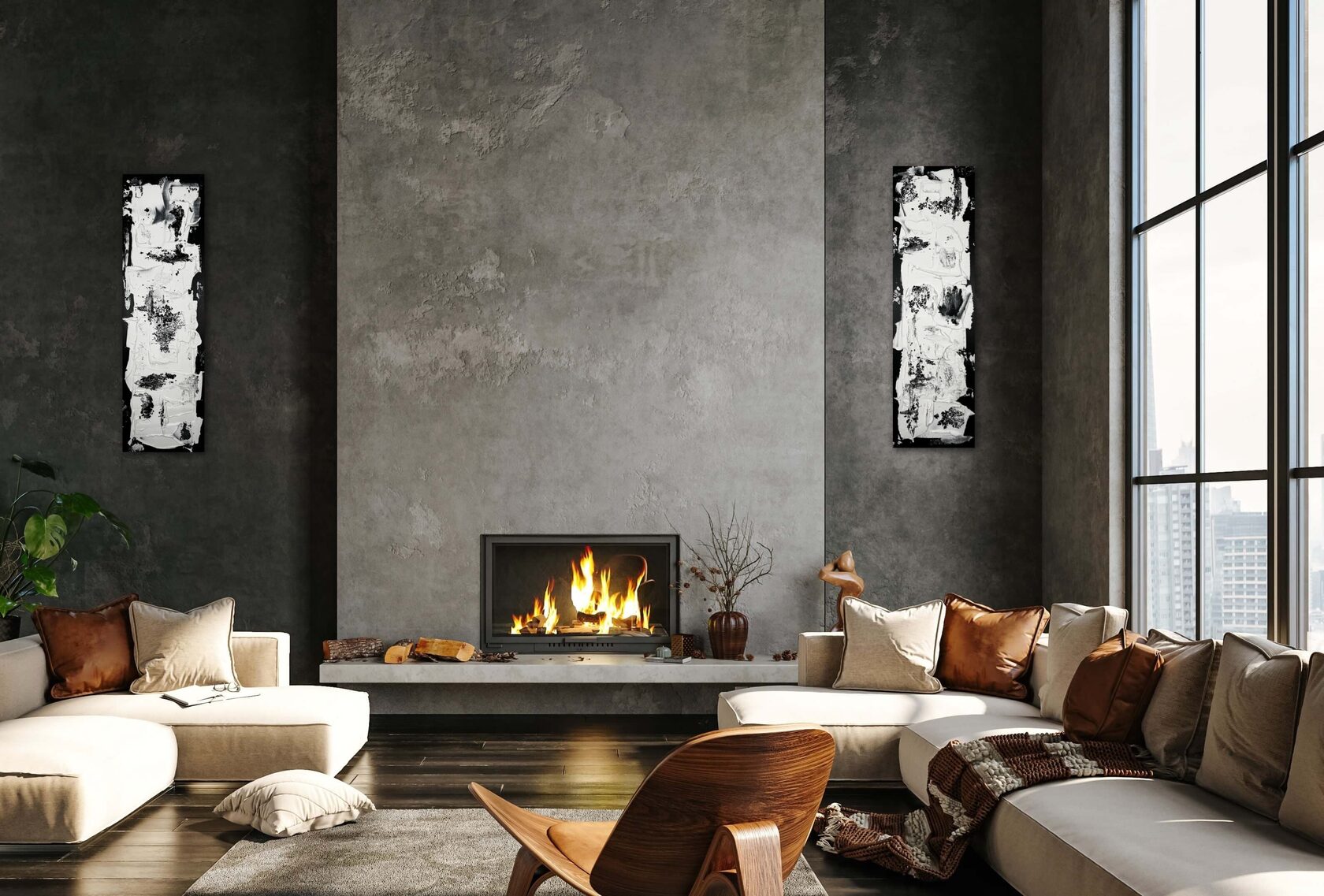 Диптих в черно-белых цветах на стене в гостиной